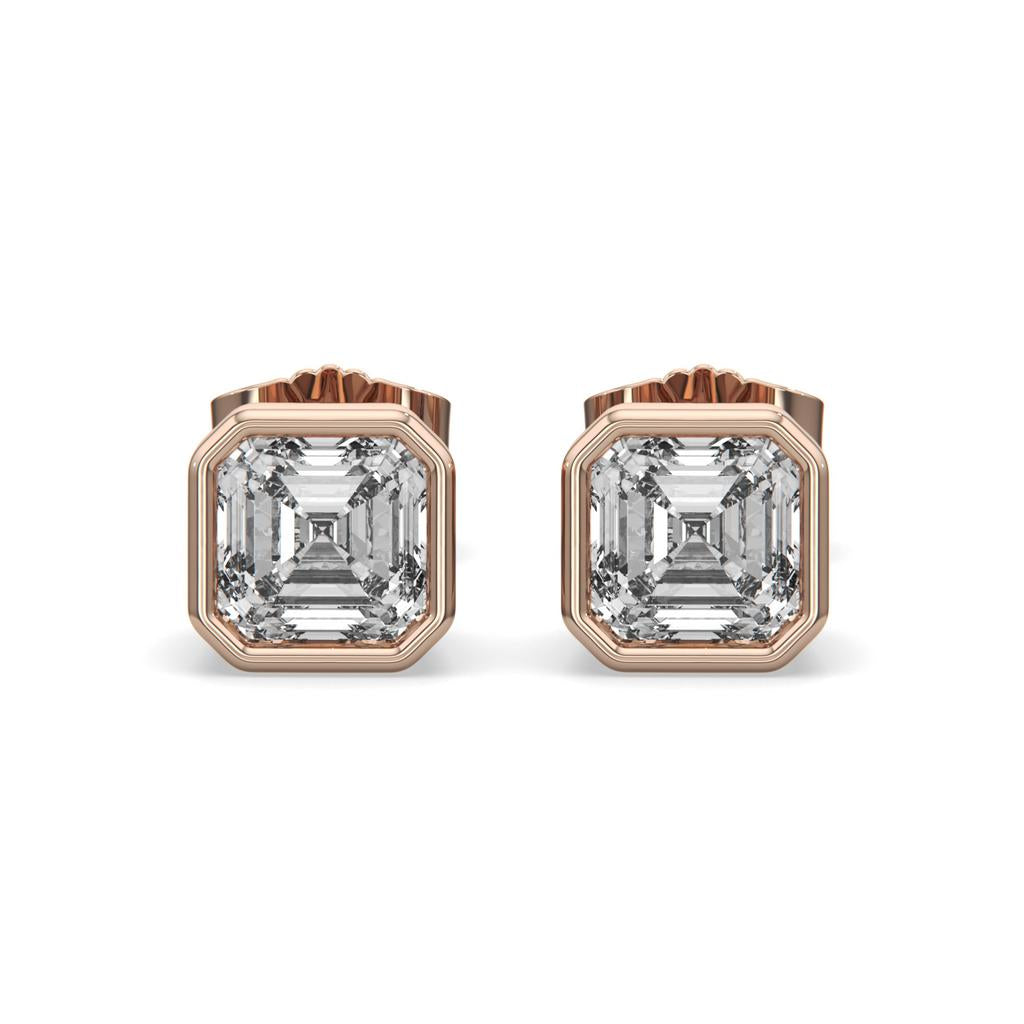 2.00 Ct E VS1 Asscher Cut Full Bezel Diamond Studs, in rose gold, front view