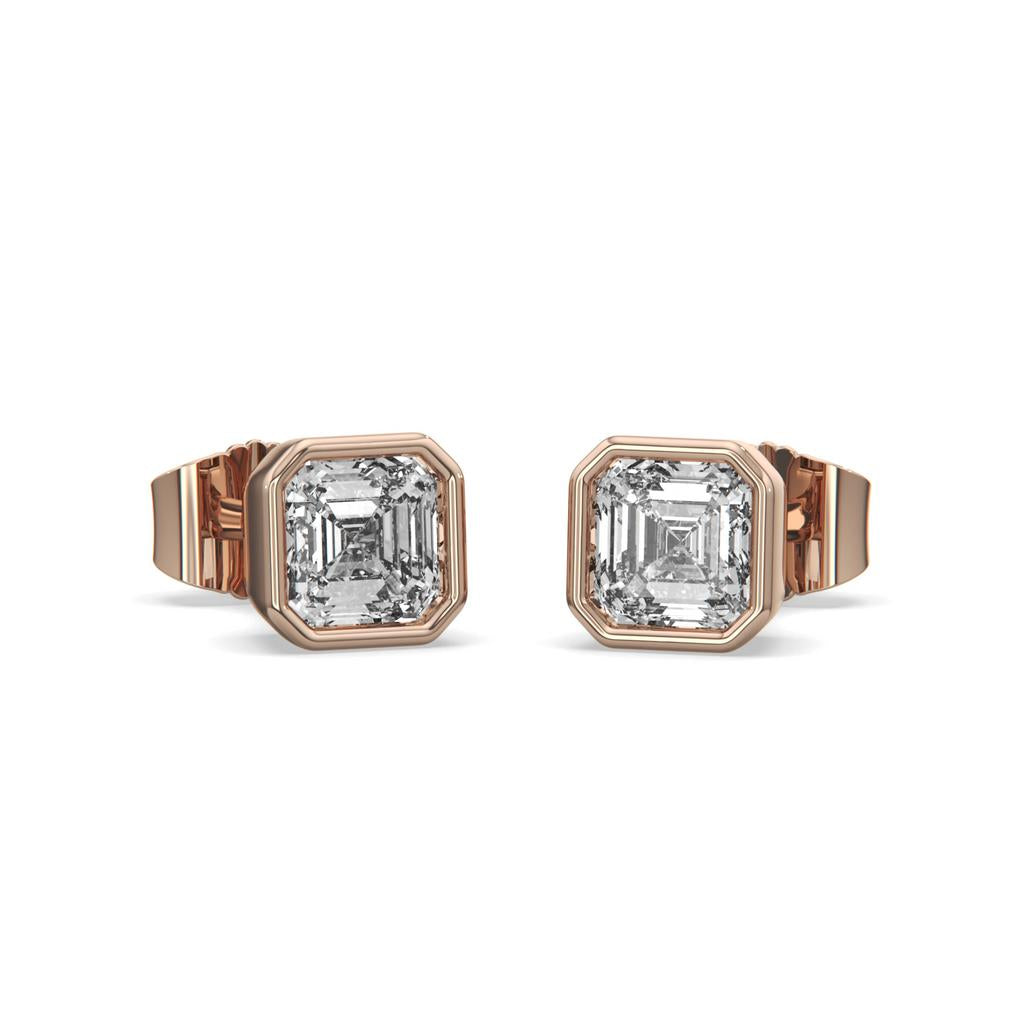 2.00 Ct E VS1 Asscher Cut Full Bezel Diamond Studs, in rose gold, front view