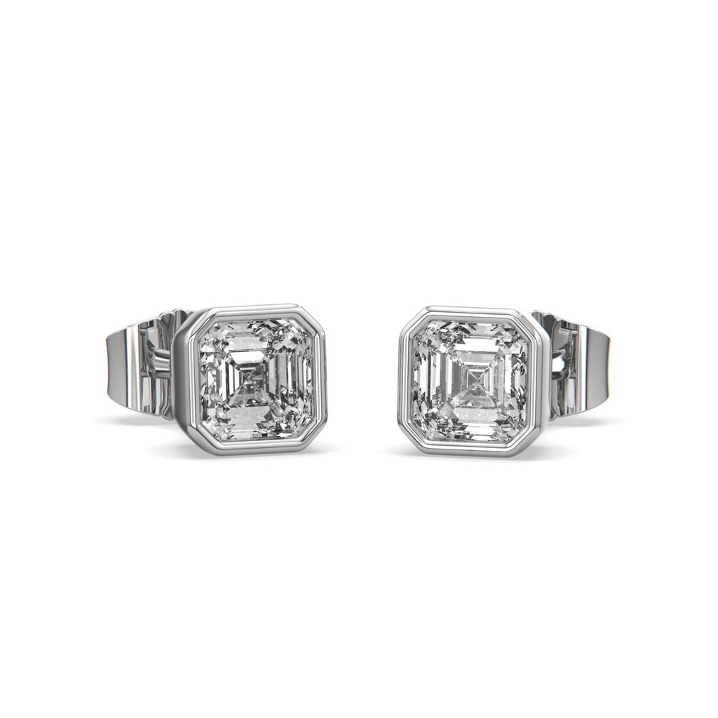 2.00 Ct E VS1 Asscher Cut Full Bezel Diamond Studs, in white gold, front view