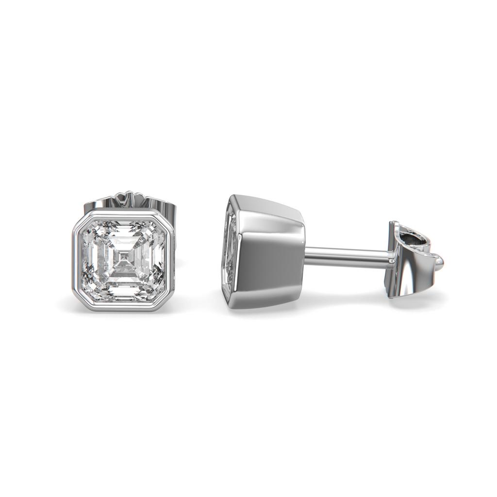 2.00 Ct E VS1 Asscher Cut Full Bezel Diamond Studs, in white gold, front view