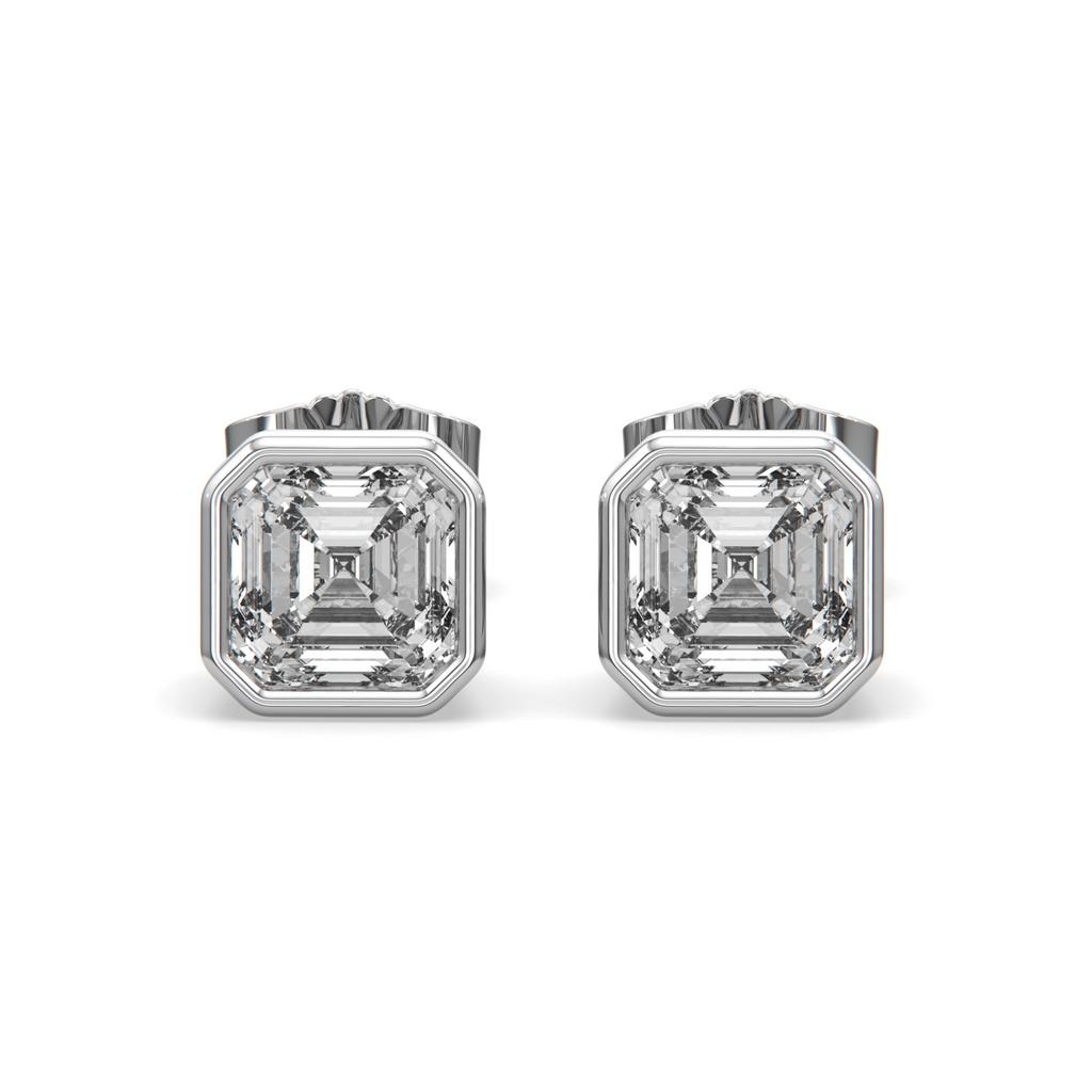 2.00 Ct E VS1 Asscher Cut Full Bezel Diamond Studs, in white gold, front view