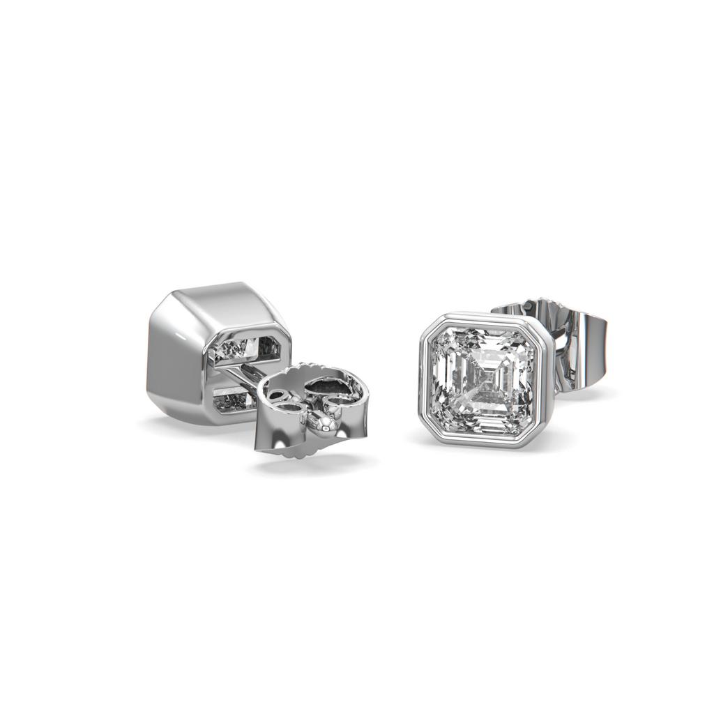 2.00 Ct E VS1 Asscher Cut Full Bezel Diamond Studs, in white gold, front view