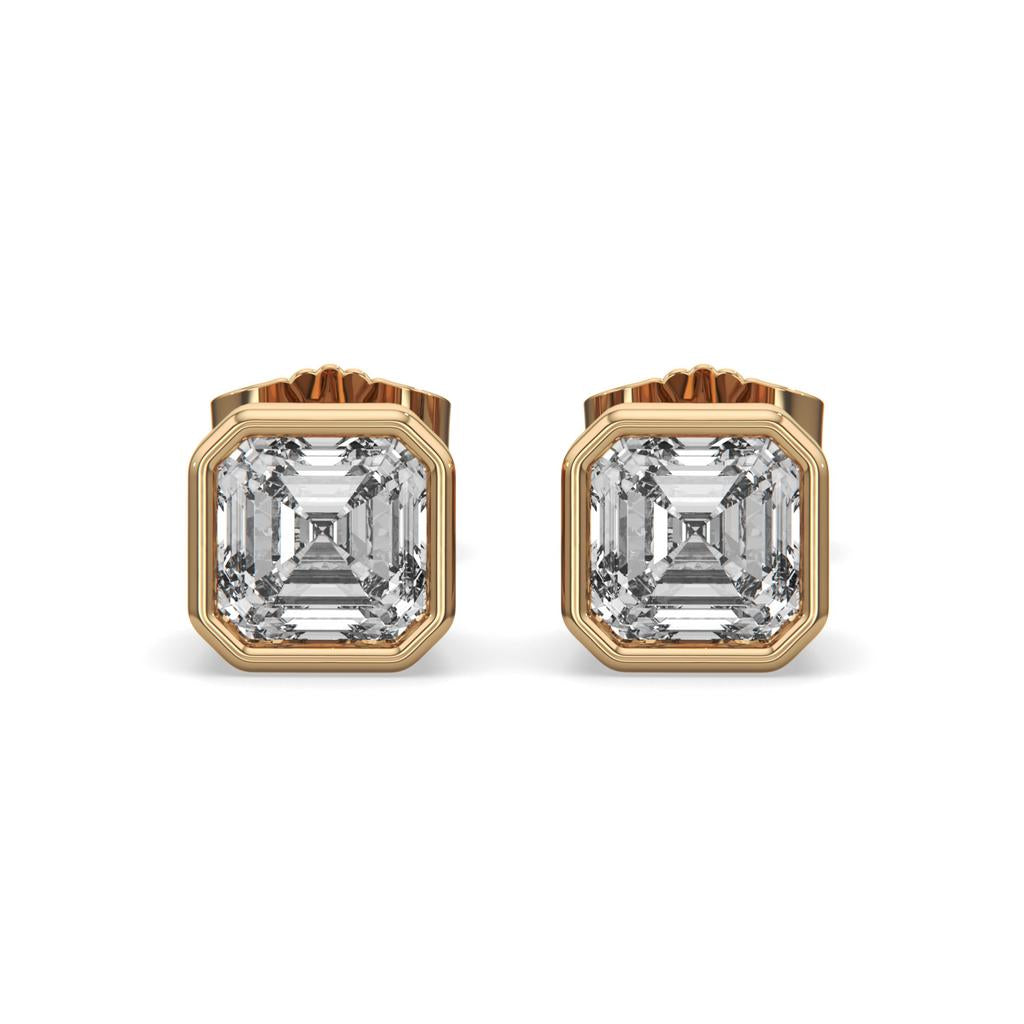 2.00 Ct E VS1 Asscher Cut Full Bezel Diamond Studs, in yellow gold, front view