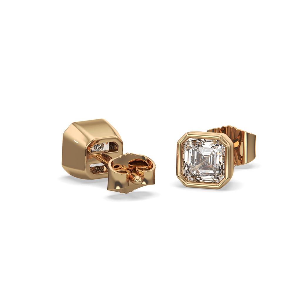 2.00 Ct E VS1 Asscher Cut Full Bezel Diamond Studs, in yellow gold, front view