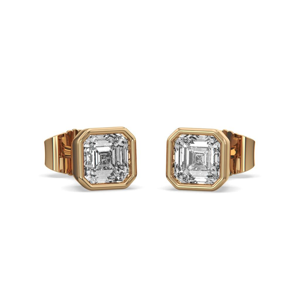 2.00 Ct E VS1 Asscher Cut Full Bezel Diamond Studs, in yellow gold, front view
