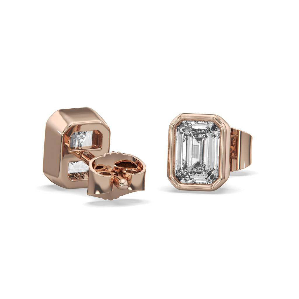 2.00 Ct E VS1 Emerald Cut Full Bezel Lab Grown Diamond Studs, in rose gold, front view