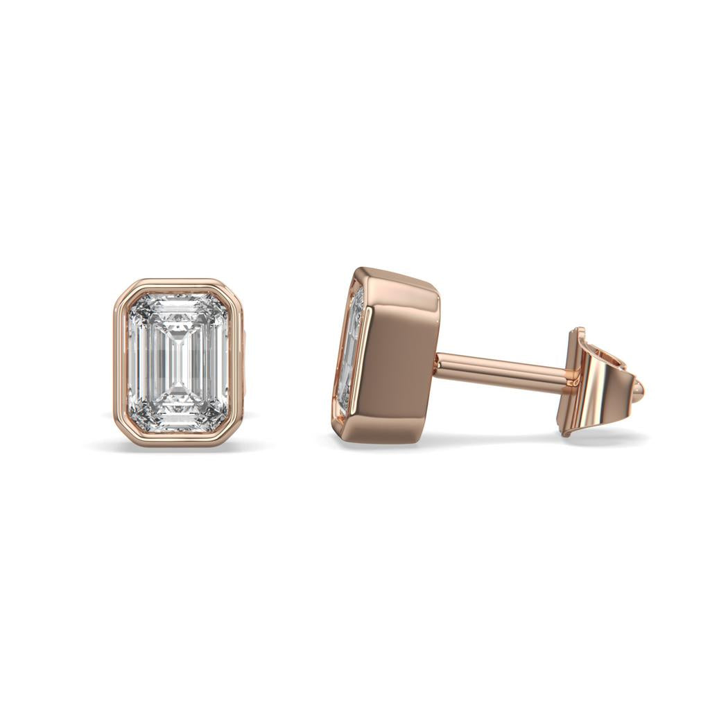 2.00 Ct E VS1 Emerald Cut Full Bezel Lab Grown Diamond Studs, in rose gold, front view