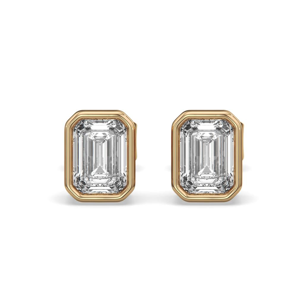 2.00 Ct E VS1 Emerald Cut Full Bezel Lab Grown Diamond Studs, in yellow gold, front view