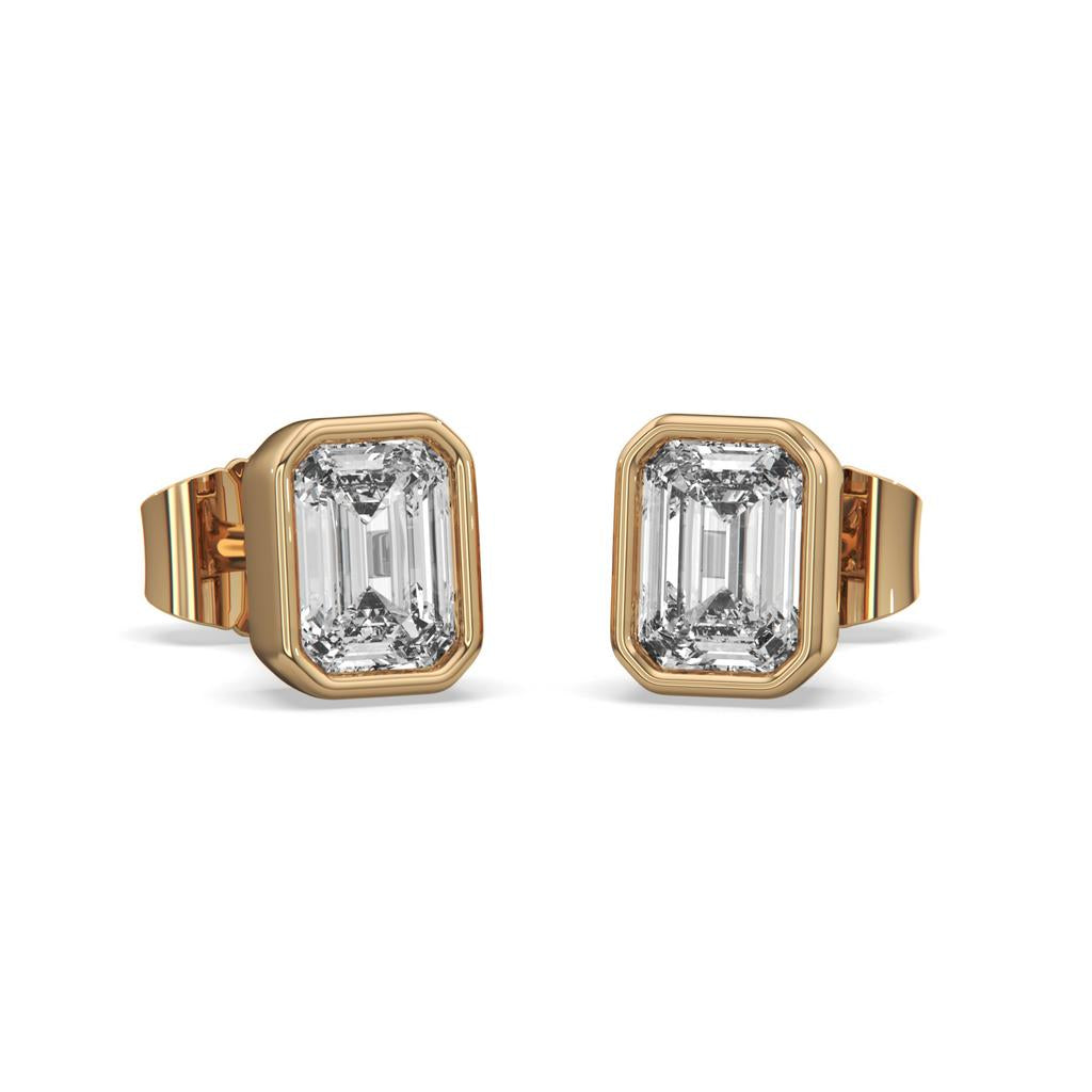 2.00 Ct E VS1 Emerald Cut Full Bezel Lab Grown Diamond Studs, in yellow gold, front view