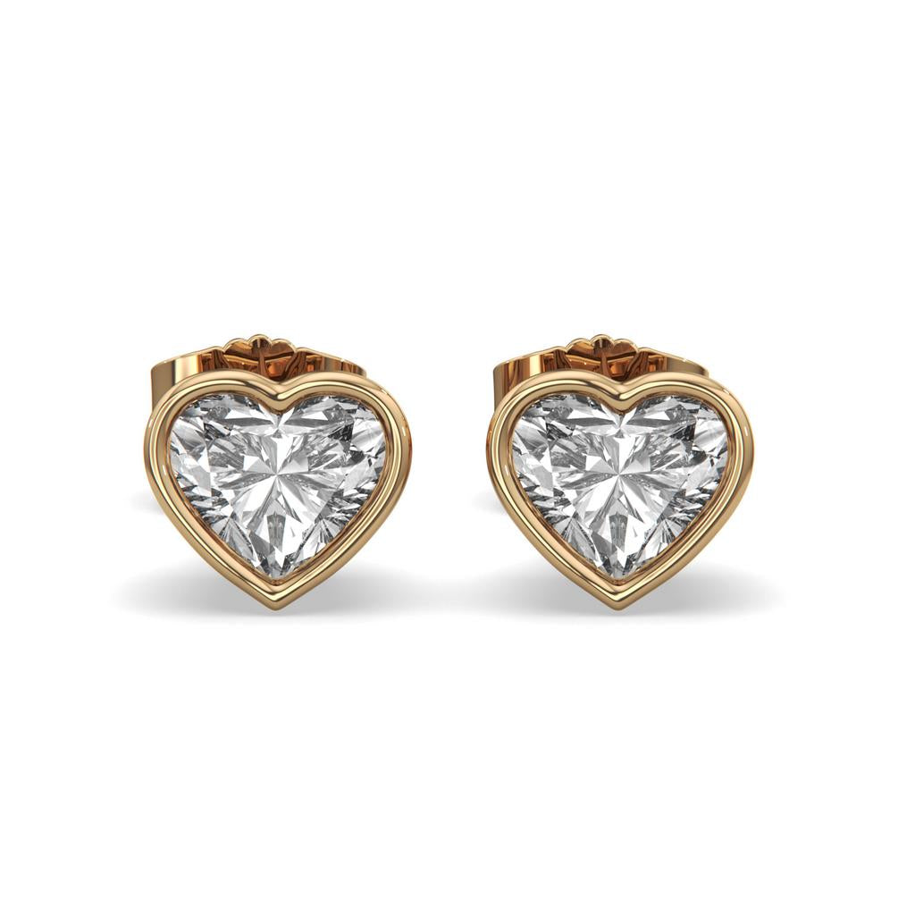 2.00 Ct E VS1 Heart Shape Full Bezel Diamond Studs, in yellow gold, front view
