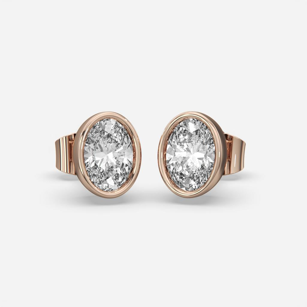 2.00 Ct E VS1 Oval Cut Full Bezel Diamond Studs, in rose gold, front view