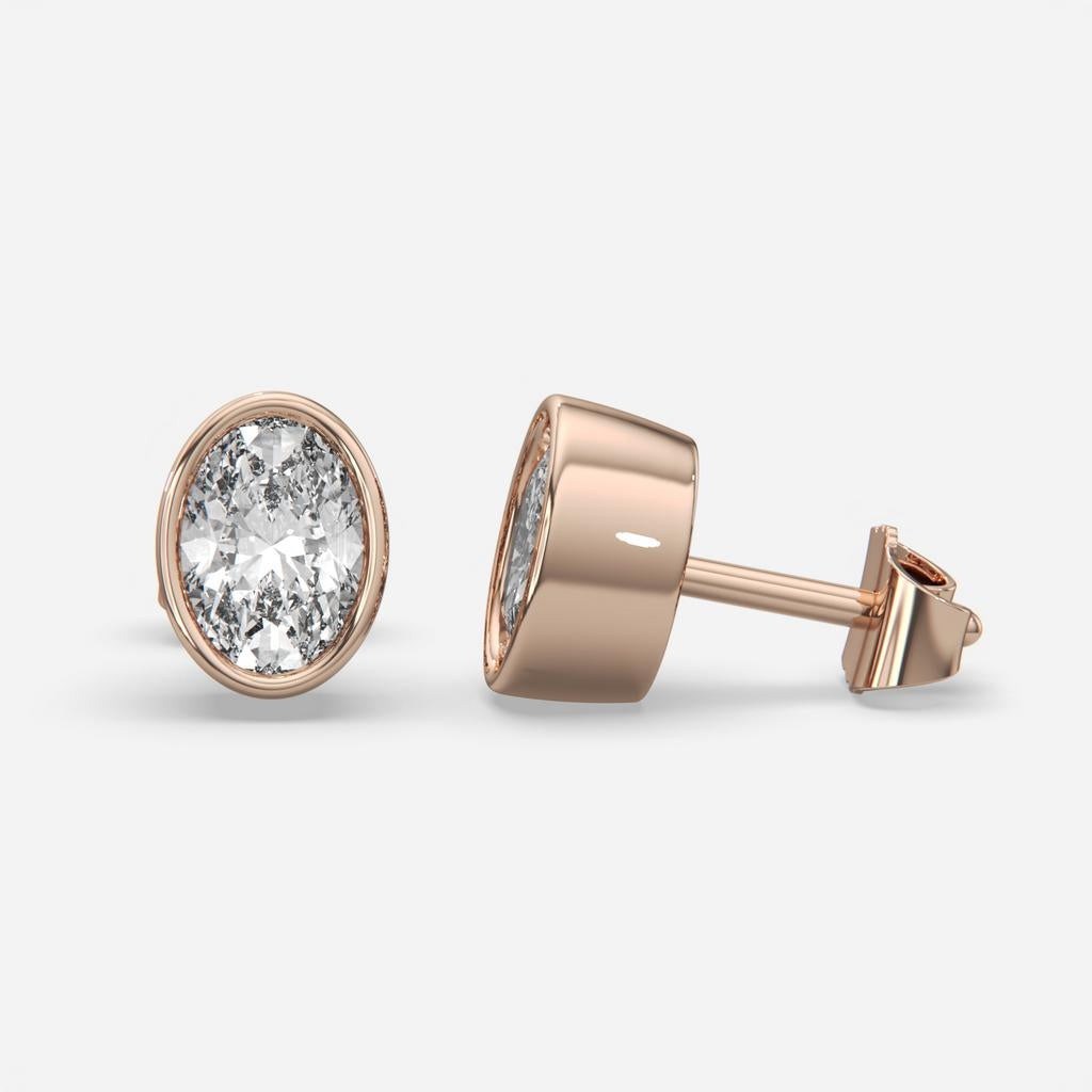 2.00 Ct E VS1 Oval Cut Full Bezel Diamond Studs, in rose gold, front view