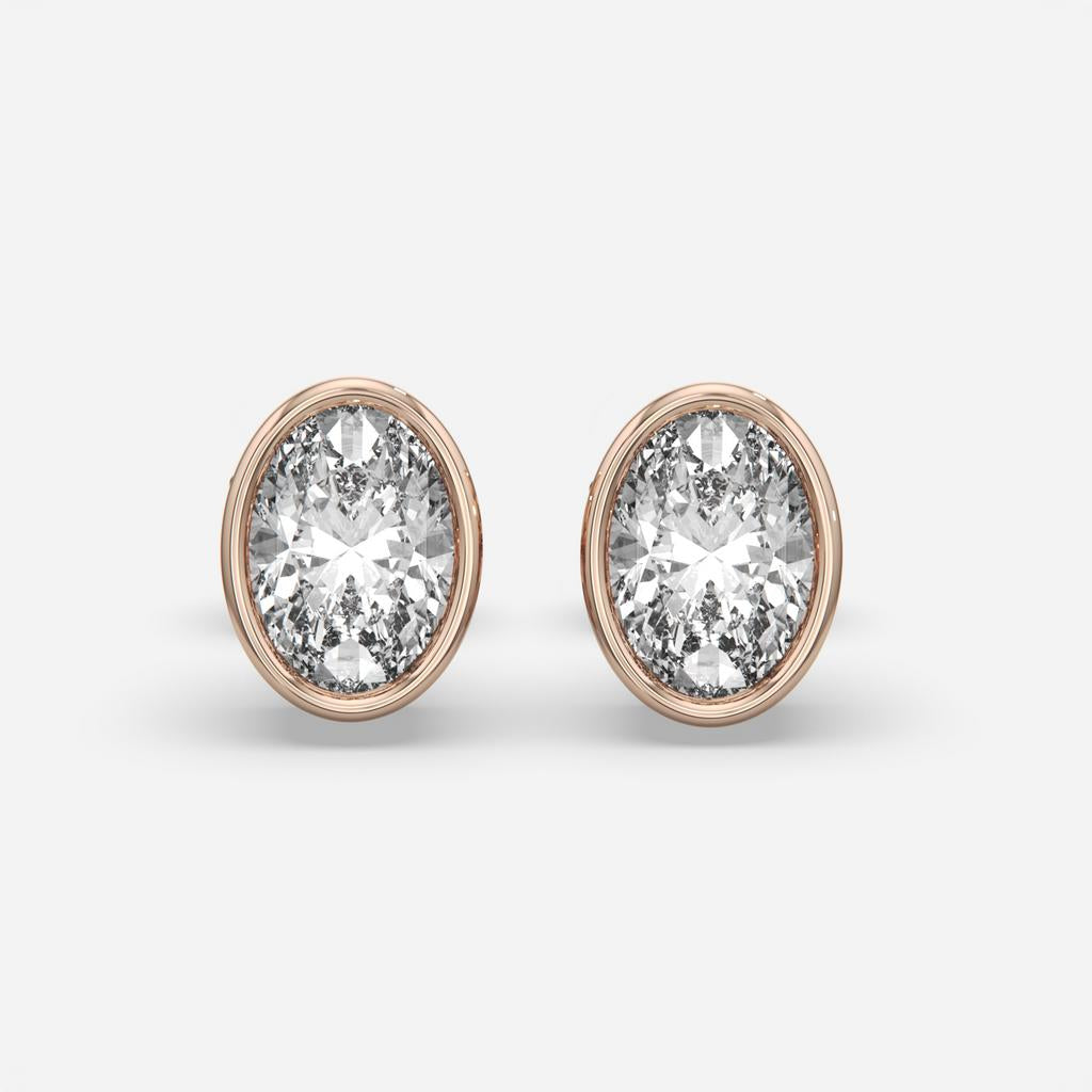 2.00 Ct E VS1 Oval Cut Full Bezel Diamond Studs, in rose gold, front view