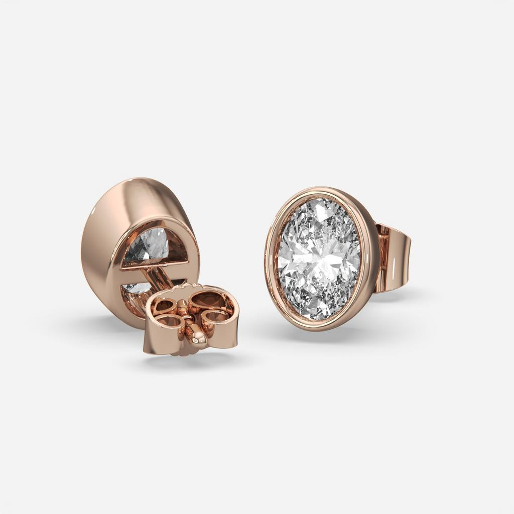 2.00 Ct E VS1 Oval Cut Full Bezel Diamond Studs, in rose gold, front view