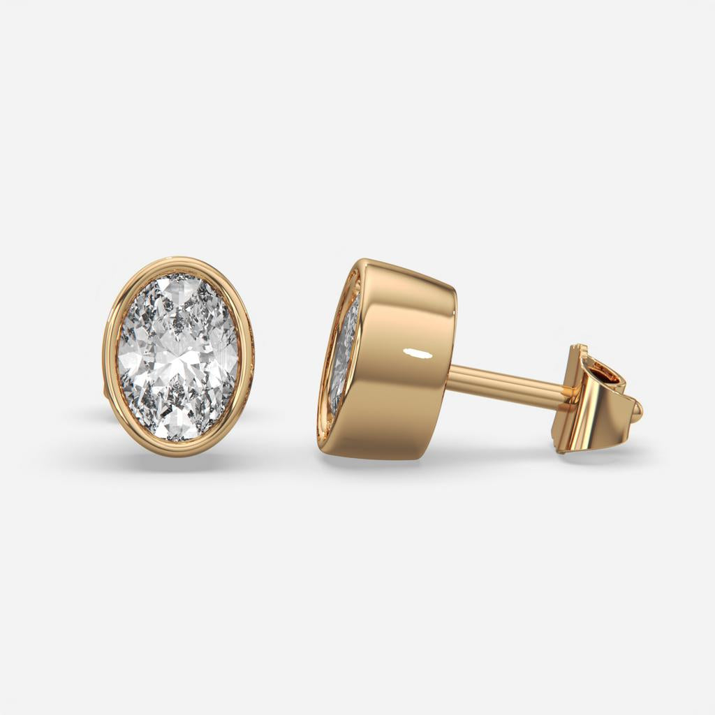 2.00 Ct E VS1 Oval Cut Full Bezel Diamond Studs, in yellow gold, front view