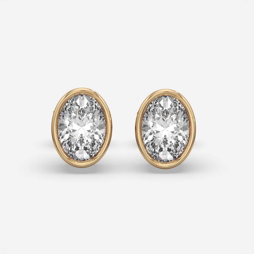 2.00 Ct E VS1 Oval Cut Full Bezel Diamond Studs, in yellow gold, front view