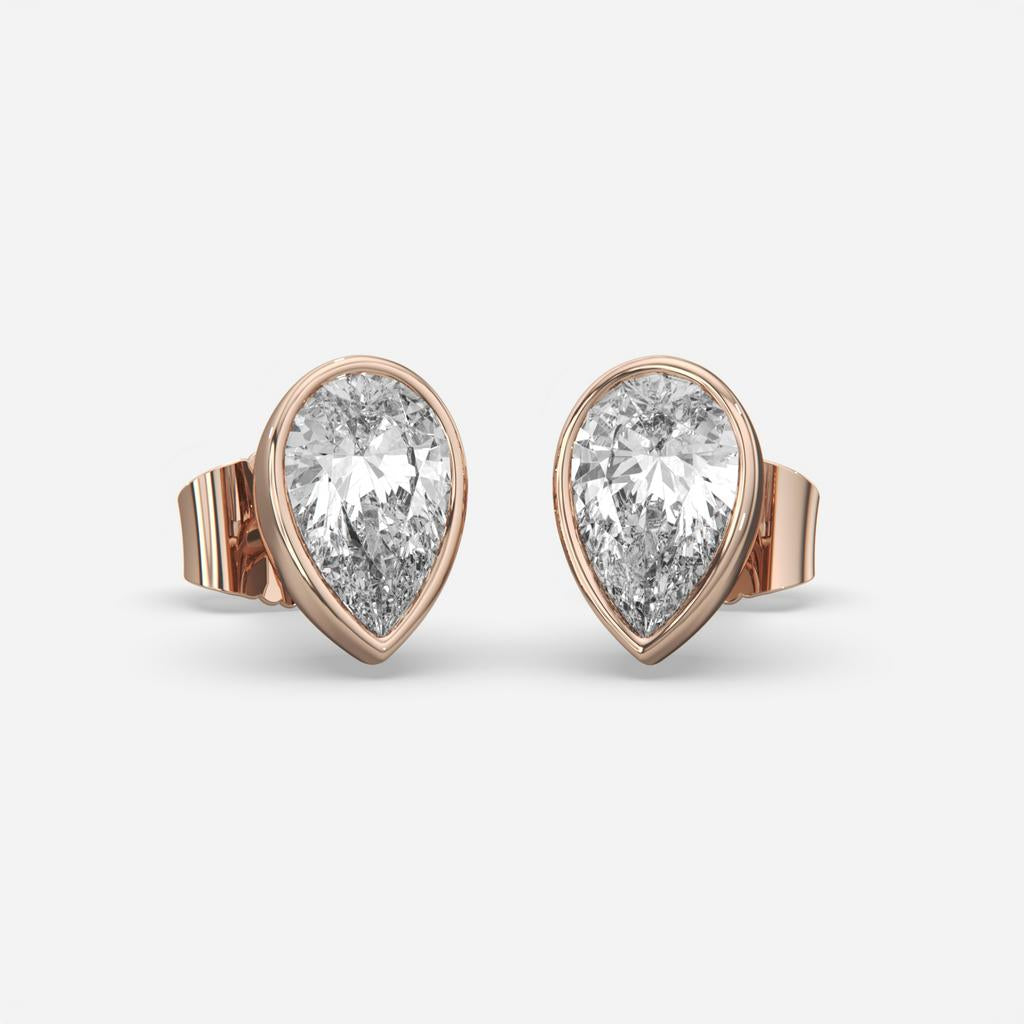 2.00 Ct E VS1 Pear Shaped Full Bezel Lab Grown Diamond Studs, in rose gold, front view