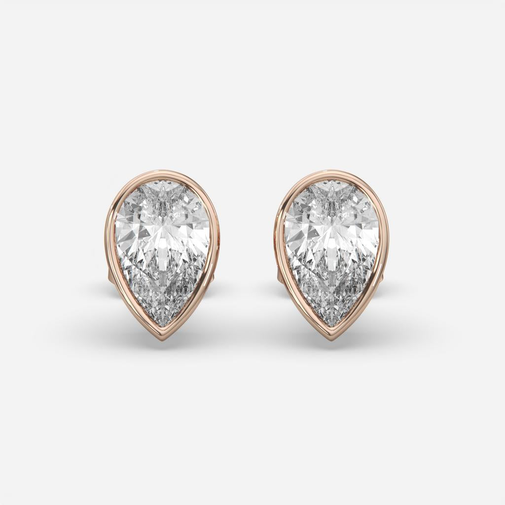 2.00 Ct E VS1 Pear Shaped Full Bezel Lab Grown Diamond Studs, in rose gold, front view