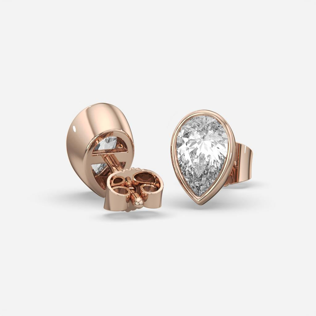 2.00 Ct E VS1 Pear Shaped Full Bezel Lab Grown Diamond Studs, in rose gold, front view