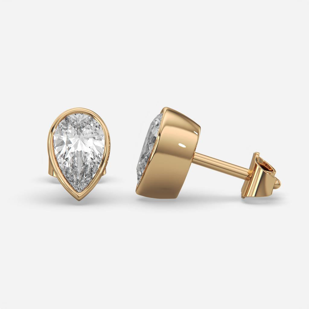 2.00 Ct E VS1 Pear Shaped Full Bezel Lab Grown Diamond Studs, in yellow gold, front view