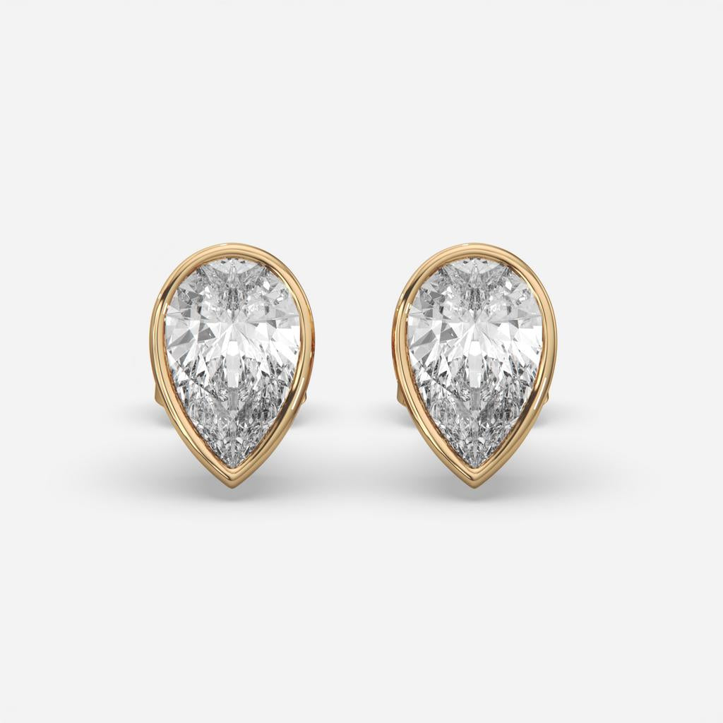 2.00 Ct E VS1 Pear Shaped Full Bezel Lab Grown Diamond Studs, in yellow gold, front view
