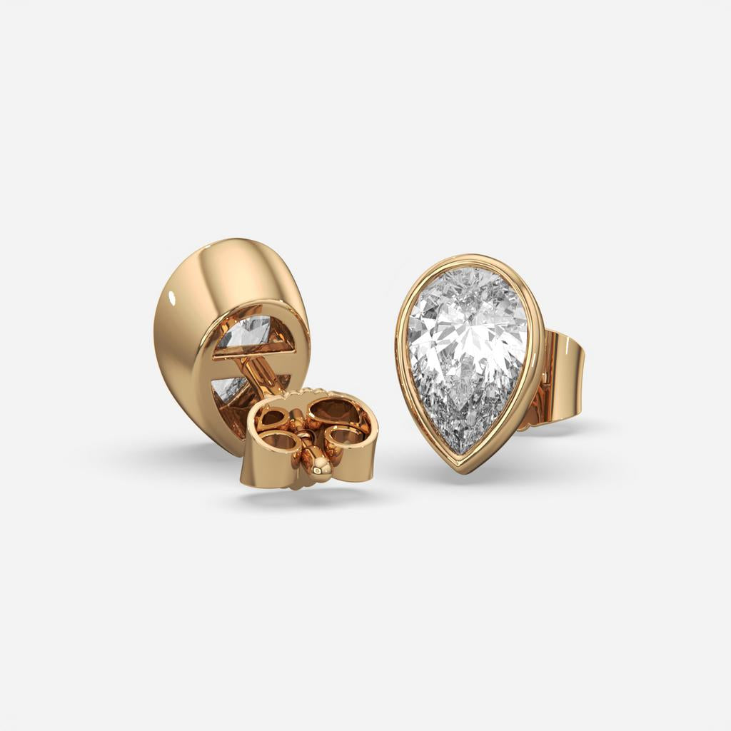2.00 Ct E VS1 Pear Shaped Full Bezel Lab Grown Diamond Studs, in yellow gold, front view