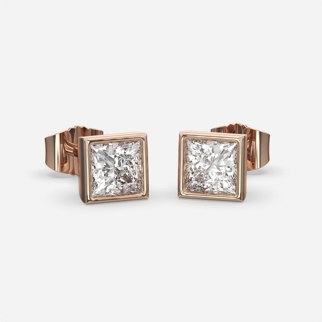 2.00 Ct E VS1 Princess Cut Full Bezel Diamond Studs, in rose gold, front view