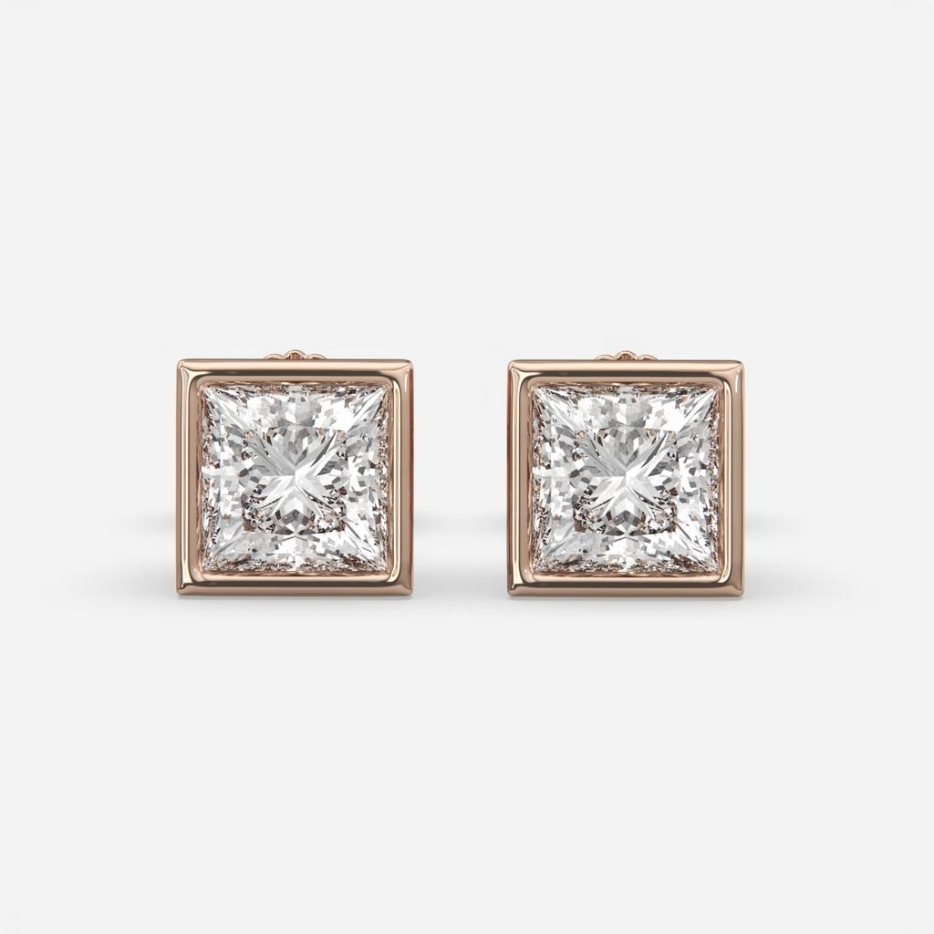 2.00 Ct E VS1 Princess Cut Full Bezel Diamond Studs, in rose gold, front view