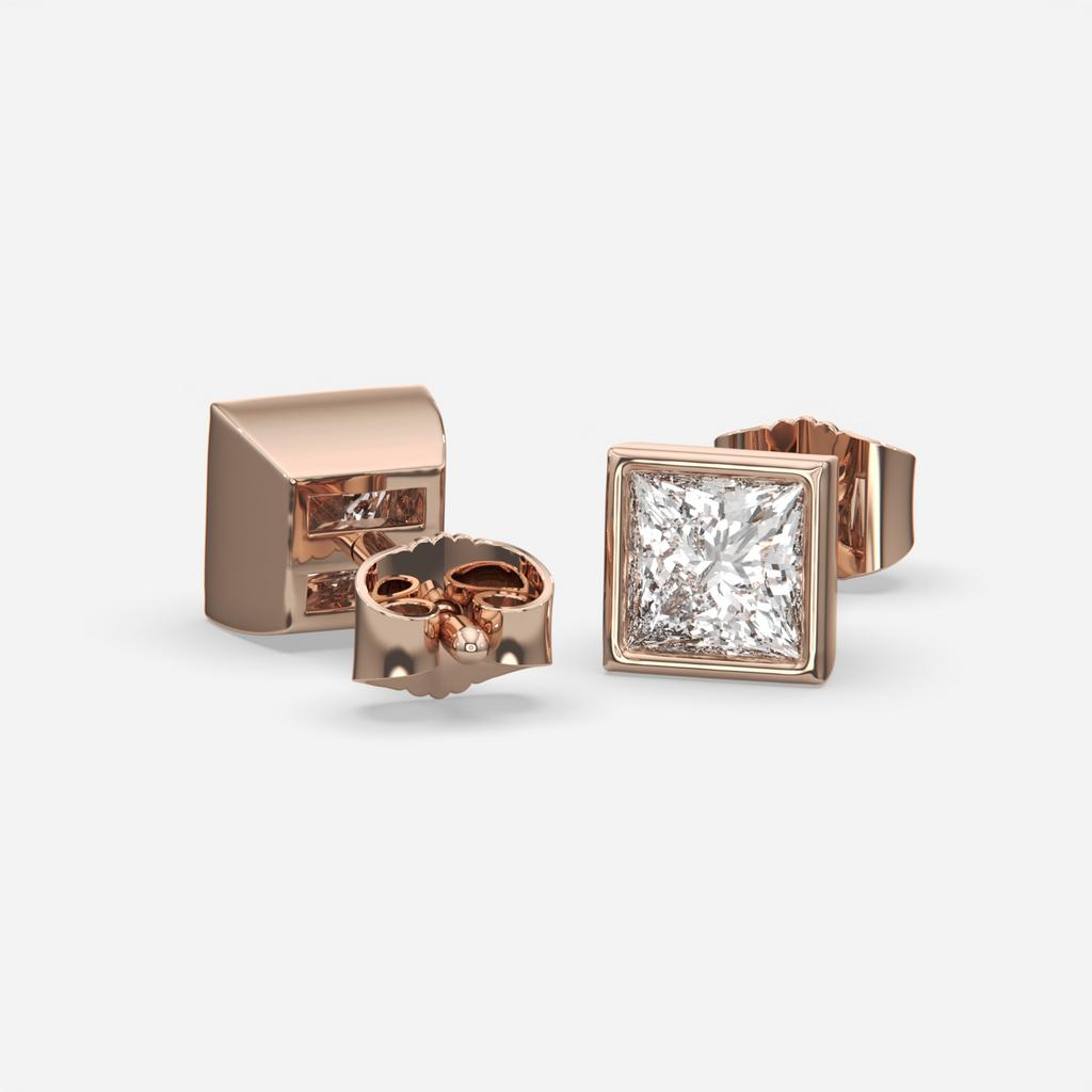 2.00 Ct E VS1 Princess Cut Full Bezel Diamond Studs, in rose gold, front view