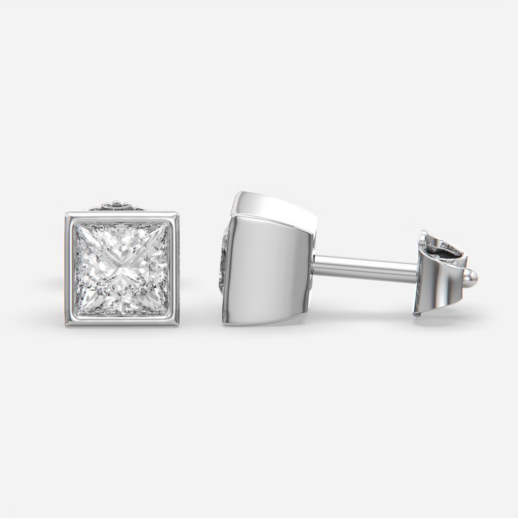 2.00 Ct E VS1 Princess Cut Full Bezel Diamond Studs, in white gold, front view