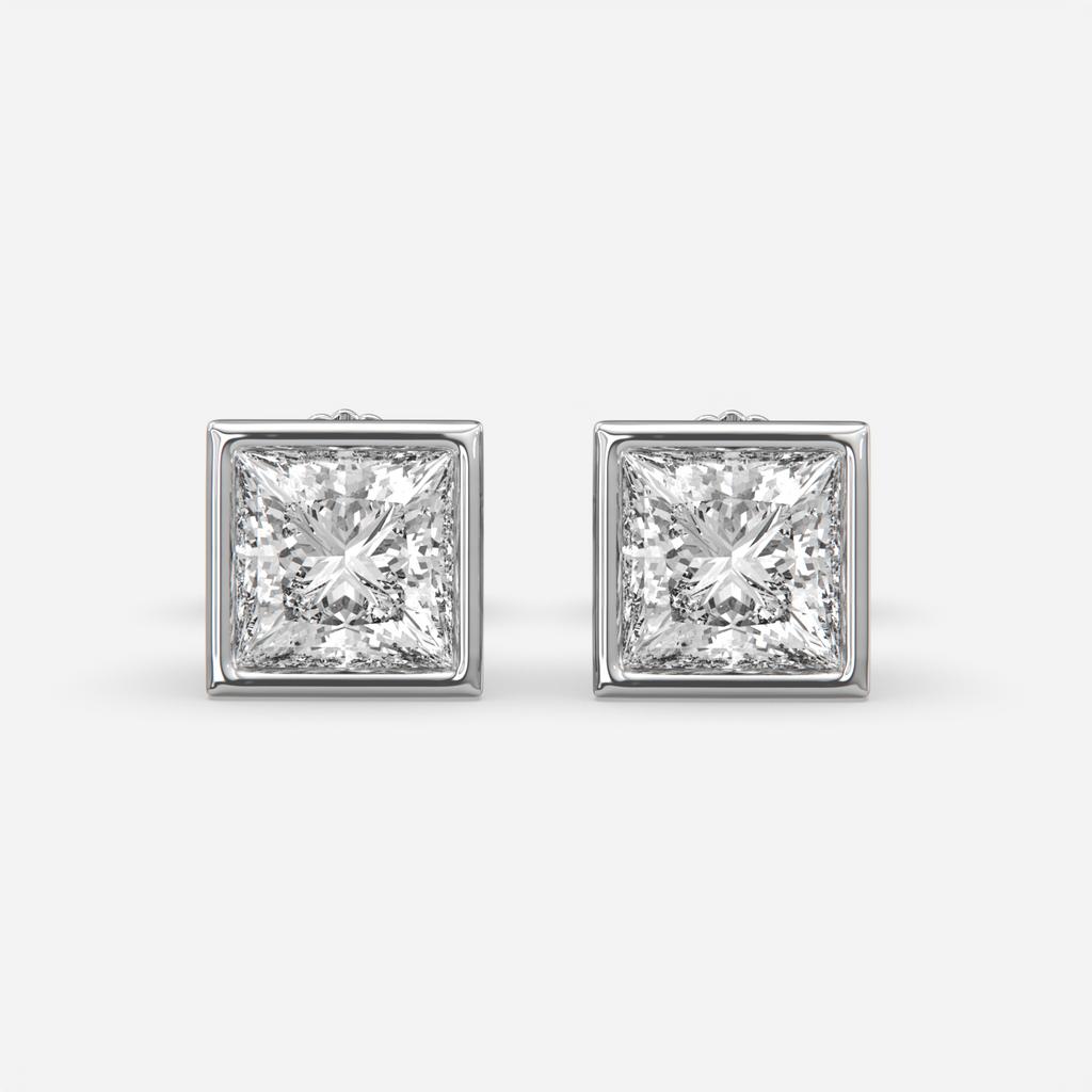 2.00 Ct E VS1 Princess Cut Full Bezel Diamond Studs, in white gold, front view