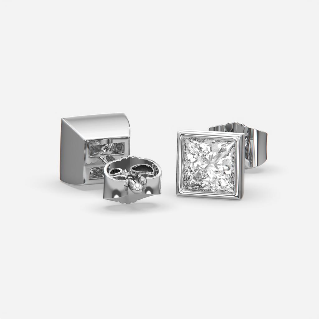 2.00 Ct E VS1 Princess Cut Full Bezel Diamond Studs, in white gold, front view