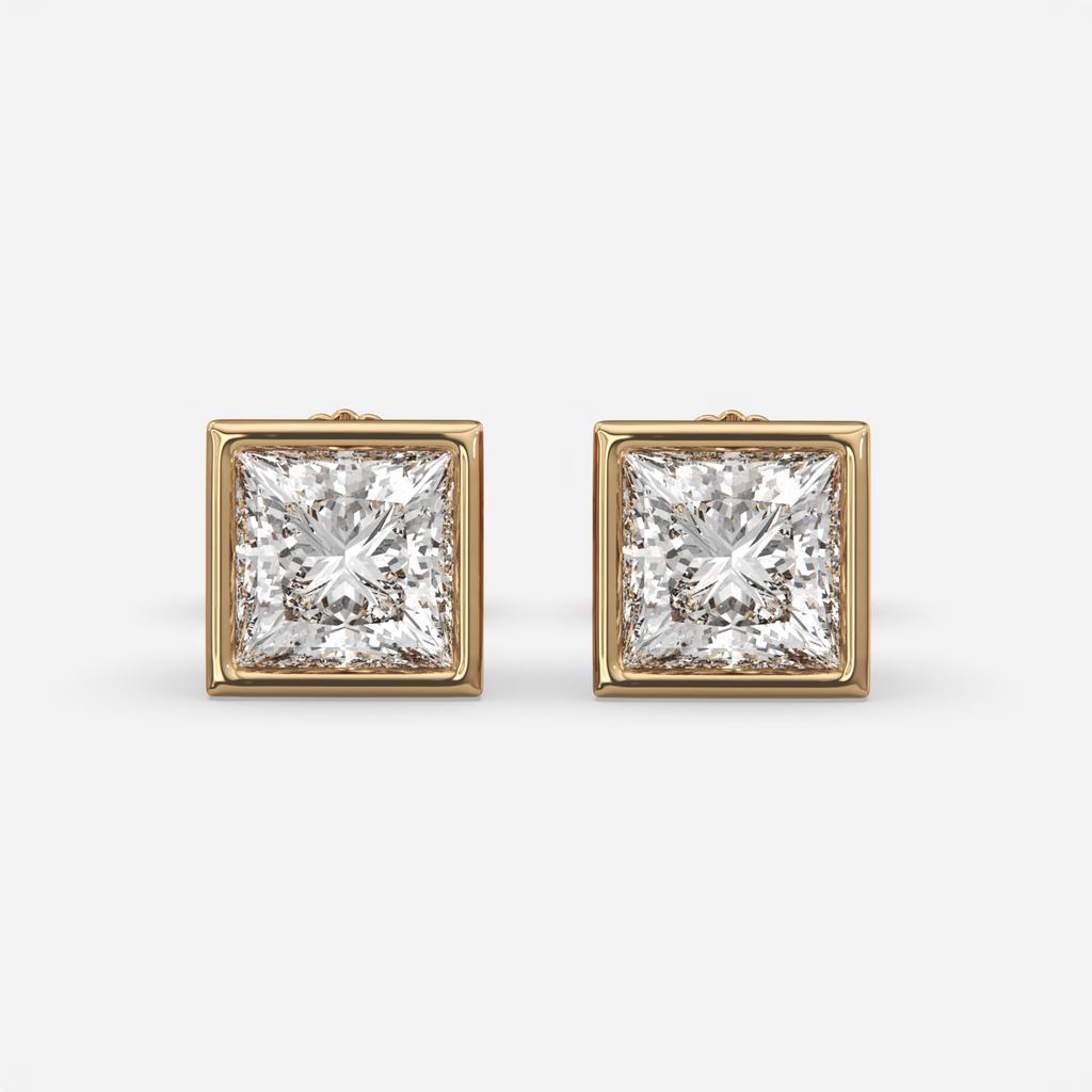 2.00 Ct E VS1 Princess Cut Full Bezel Diamond Studs, in yellow gold, front view