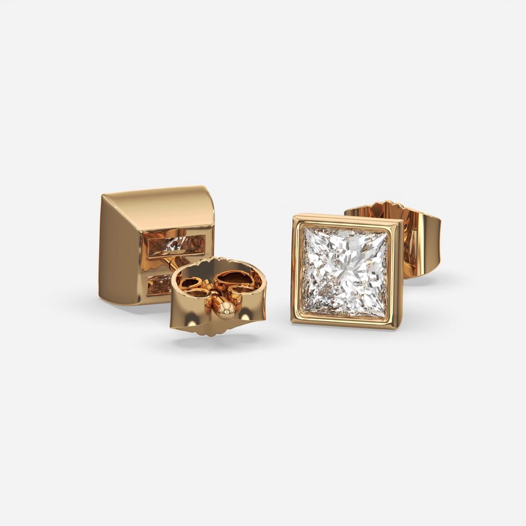 2.00 Ct E VS1 Princess Cut Full Bezel Diamond Studs, in yellow gold, front view