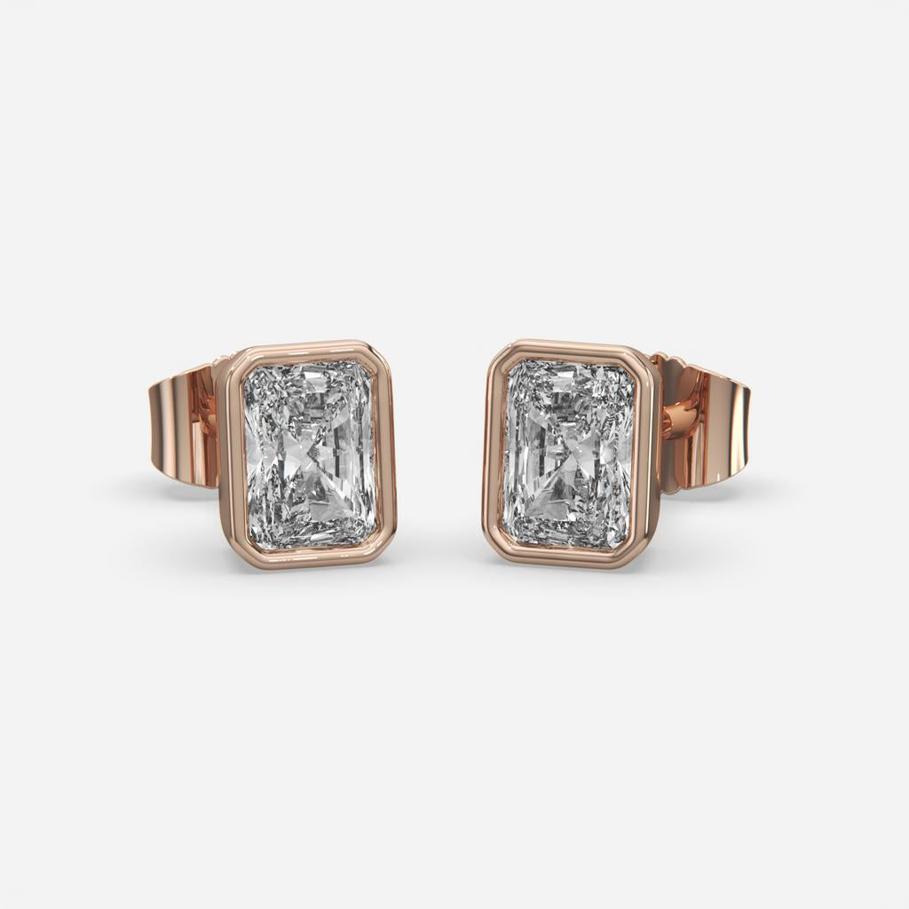 2.00 Ct E VS1 Radiant Cut Full Bezel Diamond Studs, in rose gold, front view