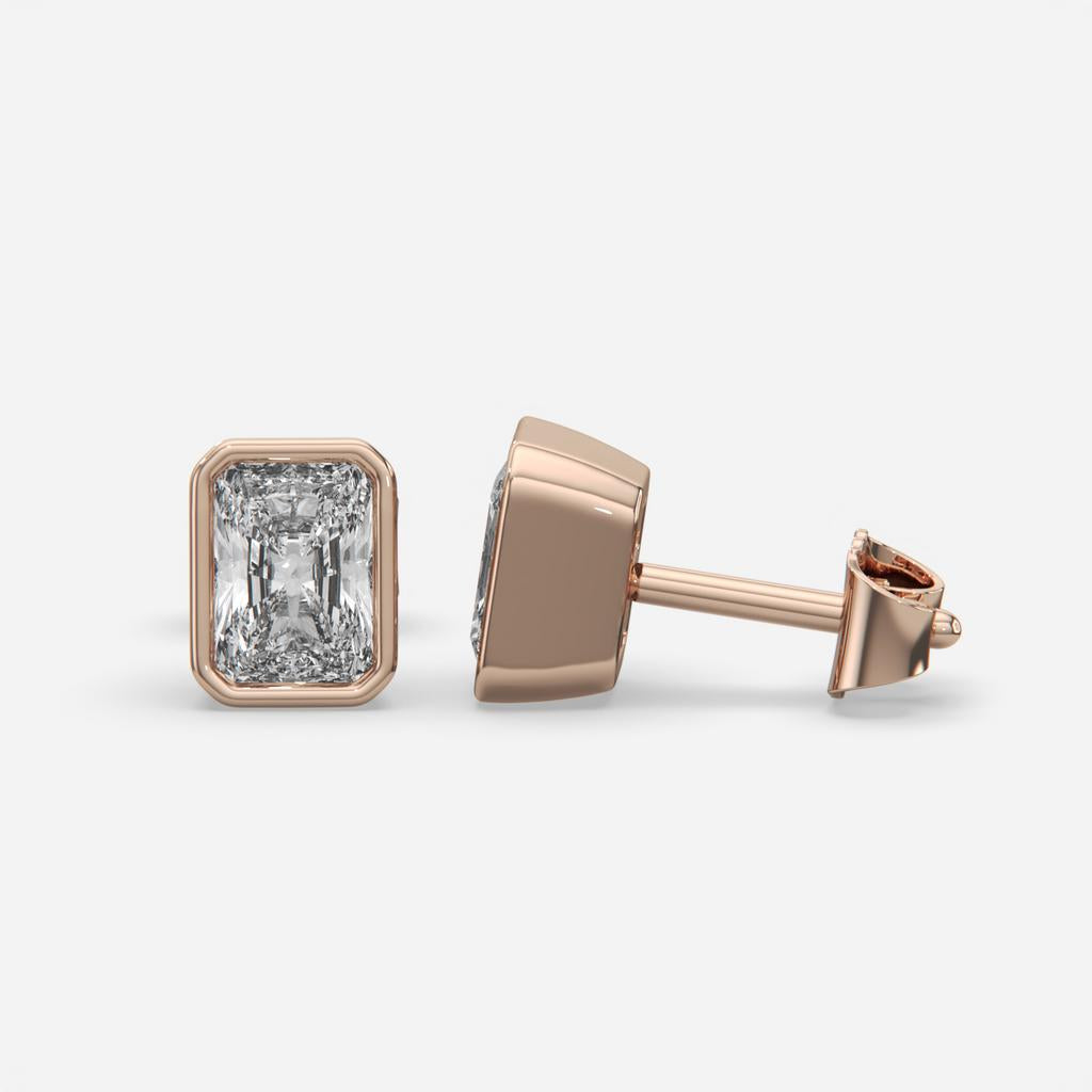 2.00 Ct E VS1 Radiant Cut Full Bezel Diamond Studs, in rose gold, front view