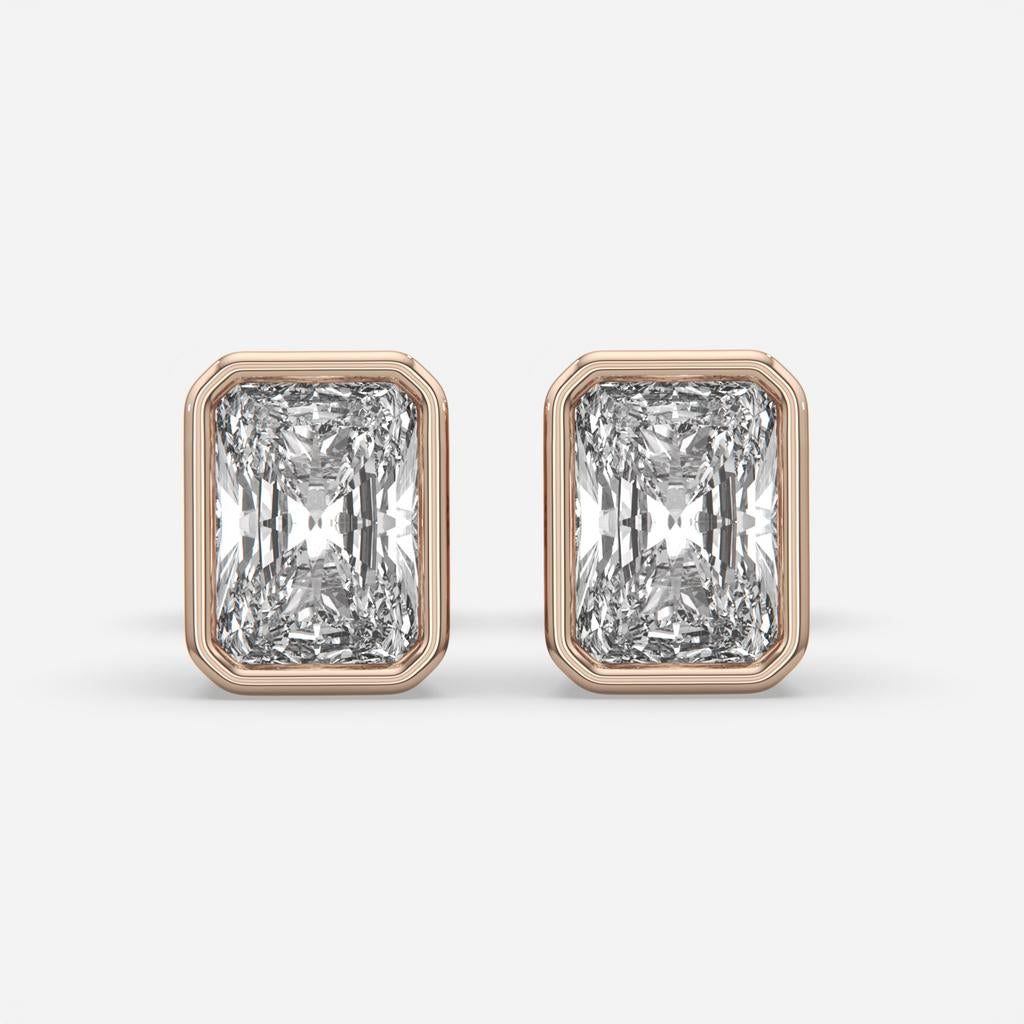 2.00 Ct E VS1 Radiant Cut Full Bezel Diamond Studs, in rose gold, front view