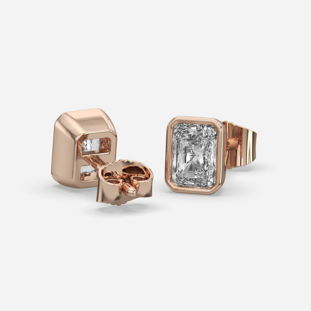 2.00 Ct E VS1 Radiant Cut Full Bezel Diamond Studs, in rose gold, front view