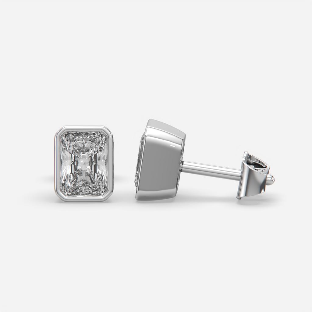 2.00 Ct E VS1 Radiant Cut Full Bezel Diamond Studs, in white gold, front view