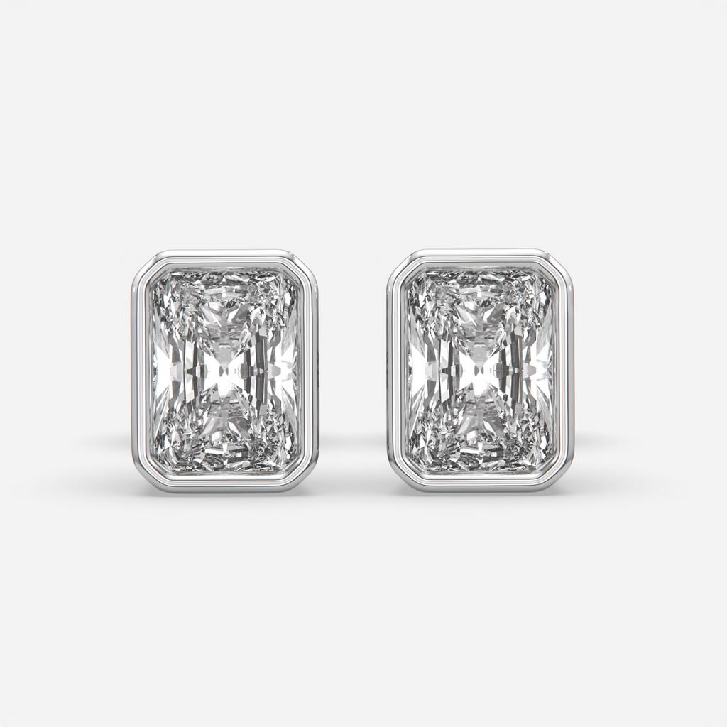 2.00 Ct E VS1 Radiant Cut Full Bezel Diamond Studs, in white gold, front view