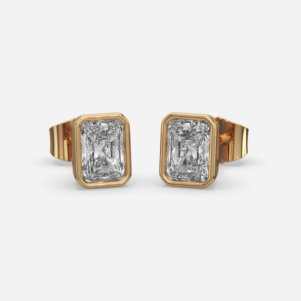 2.00 Ct E VS1 Radiant Cut Full Bezel Diamond Studs, in yellow gold, front view