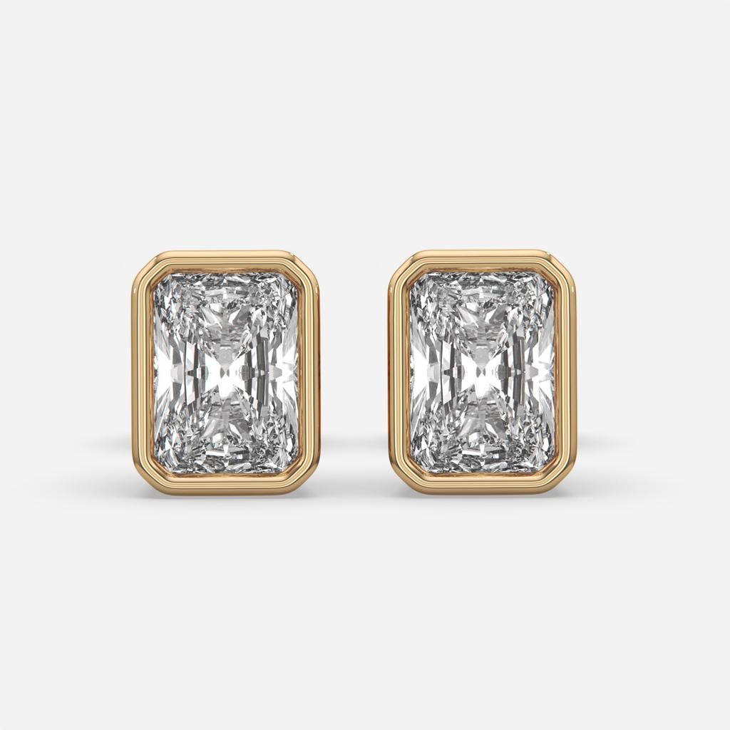 2.00 Ct E VS1 Radiant Cut Full Bezel Diamond Studs, in yellow gold, front view