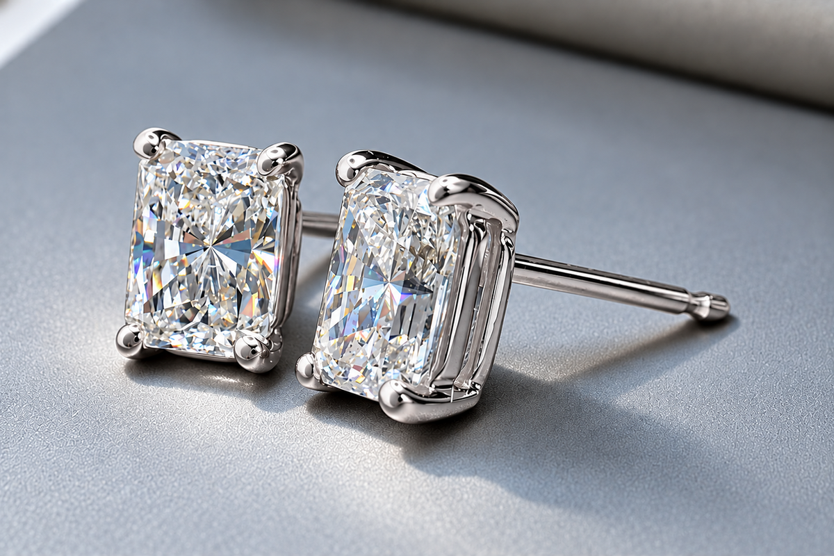 2.00 Ct E VS1 Radiant Cut Lab-Grown Diamond Stud Earrings, in white gold, front view