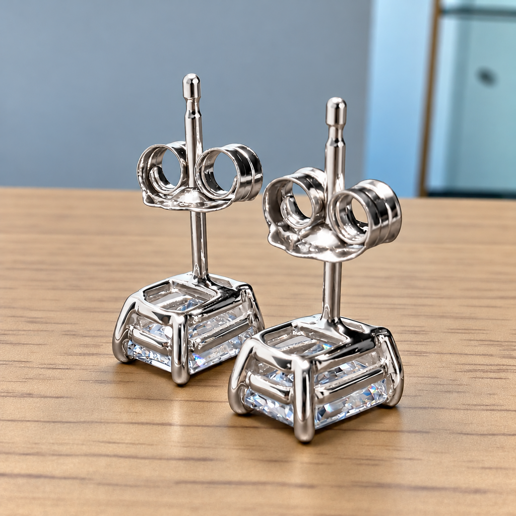 2.00 Ct E VS1 Radiant Cut Lab-Grown Diamond Stud Earrings, in white gold, side profile