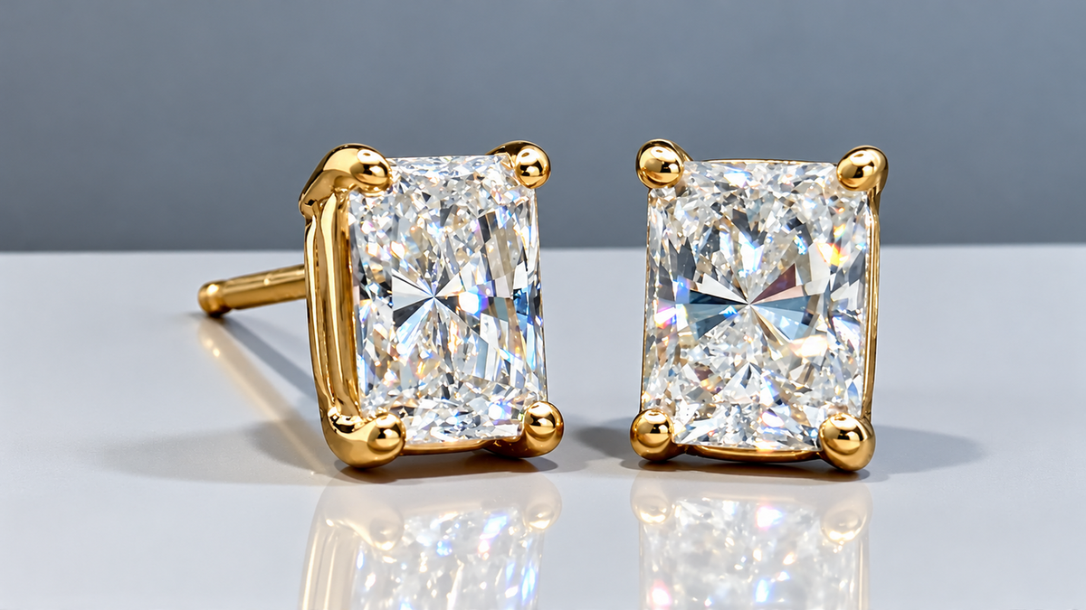 2.00 Ct E VS1 Radiant Cut Lab-Grown Diamond Stud Earrings, in yellow gold, front view