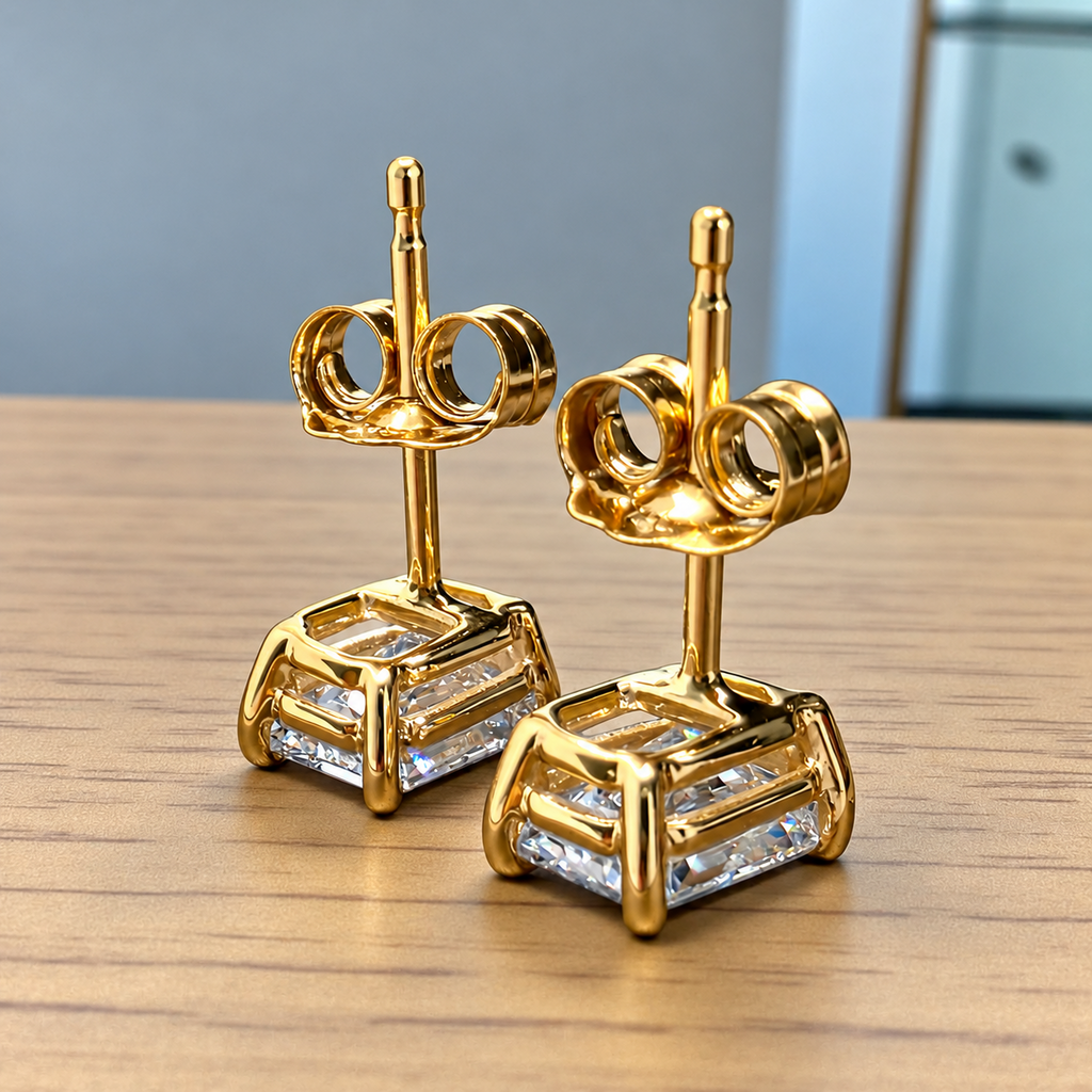 2.00 Ct E VS1 Radiant Cut Lab-Grown Diamond Stud Earrings, in yellow gold, side profile
