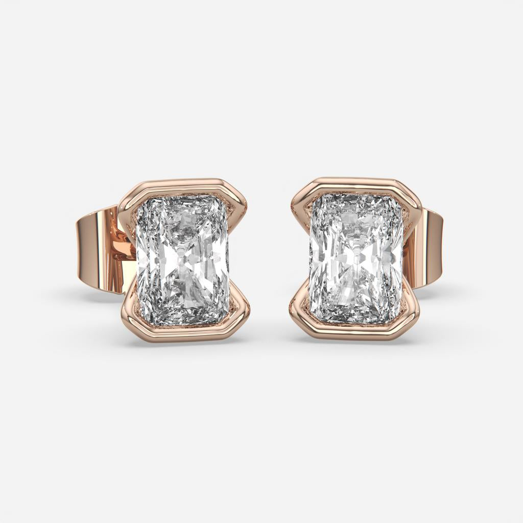 2.00 Ct E Color VS1 Radiant Cut Half-Bezel Stud Earrings, in rose gold, front view