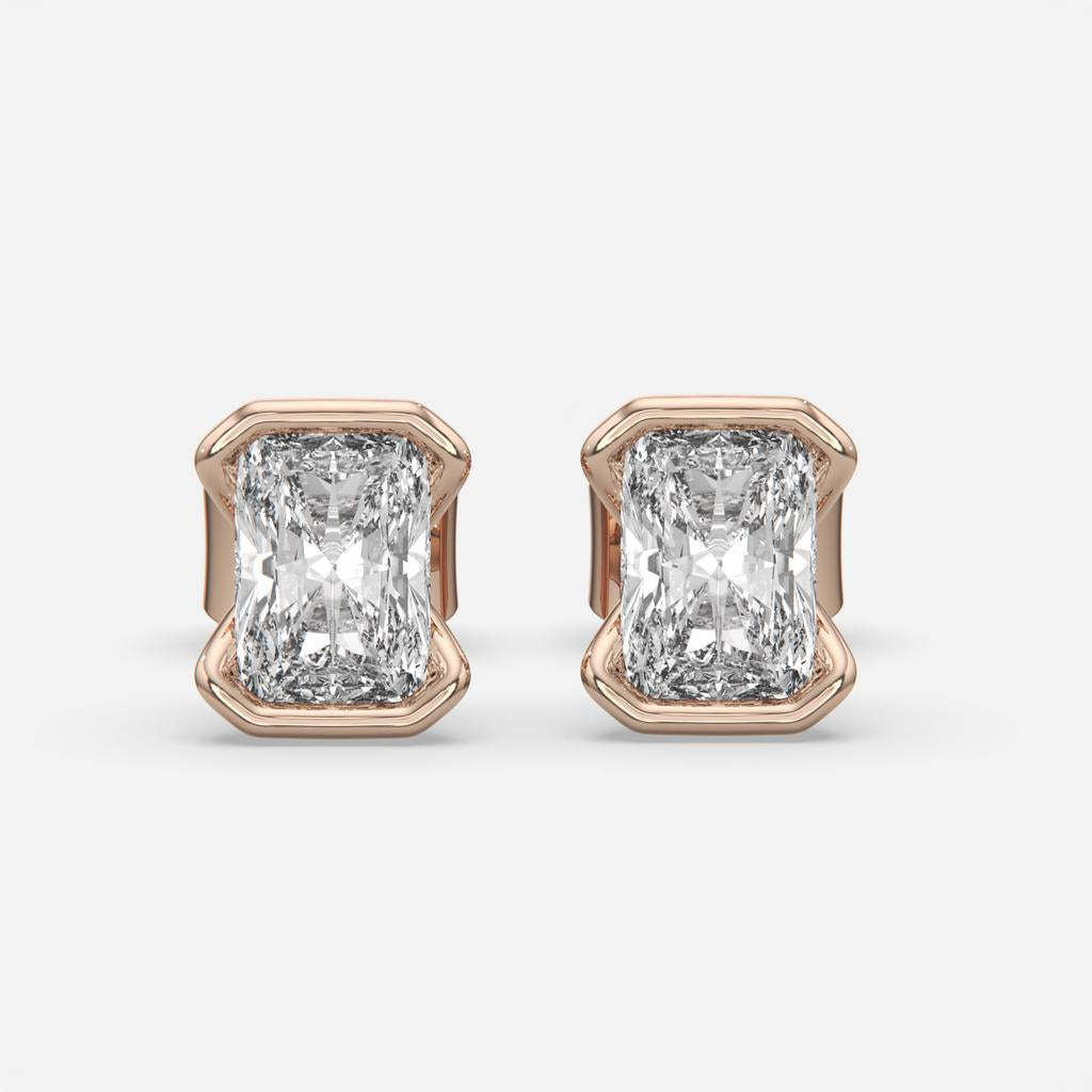 2.00 Ct E Color VS1 Radiant Cut Half-Bezel Stud Earrings, in rose gold, front view