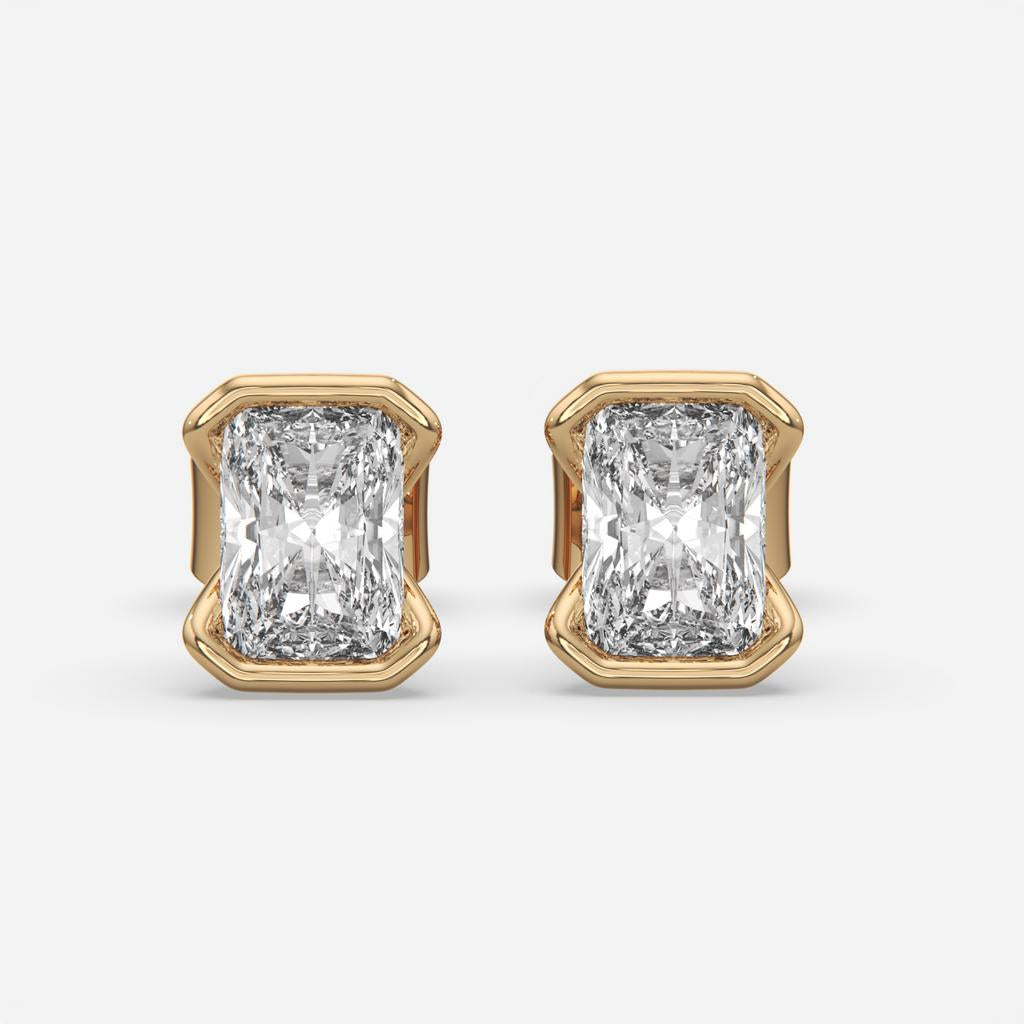 2.00 Ct E Color VS1 Radiant Cut Half-Bezel Stud Earrings, in yellow gold, front view