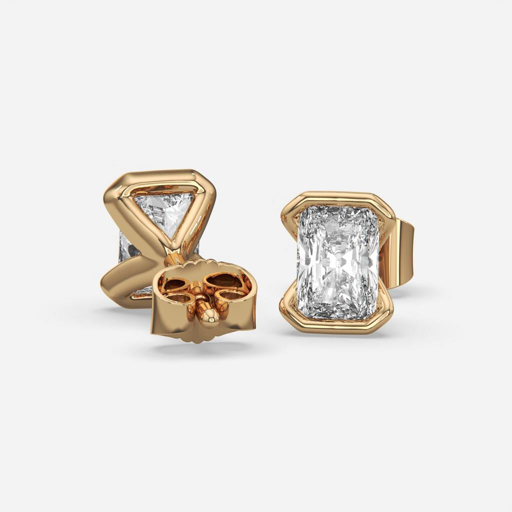 2.00 Ct E Color VS1 Radiant Cut Half-Bezel Stud Earrings, in yellow gold, front view
